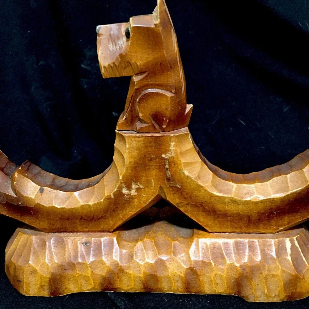 Vintage Scottish Terrier Scotty Dog Hand Carved Wooden Double Candle Holder
